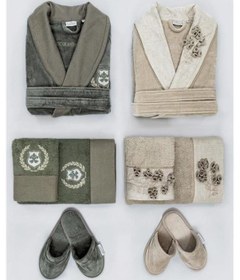 Resim Ecocotton Masal Aile Bornoz Seti M-L Bej-Yeşil Bej - Yeşil 