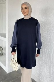 Resim Gülseli Bisiklet Yaka Düğme Detaylı Tesettür Triko Tunik Lacivert TZL-P-00020678 