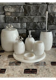 Resim Beyaz Doğal Mermer Gümüş Mercan Aksesuarlı Oval 7,li Banyo Seti Beyaz 