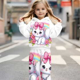 Resim Kız Çocuk Sevimli Tavşan & Gökkuşağı Baskılı Kapüşonlu Sweatshirt & Pantolon Takımı - Yumuşak Pembe & Kalp & Fiyonk Detaylı Günlük Kombin, Uzun Kollu Kazak & Eşofman Altı İlkbahar/Sonbahar için, Dış Mekan, Doğum Günü Hediyeleri, Günlük Kullanım 