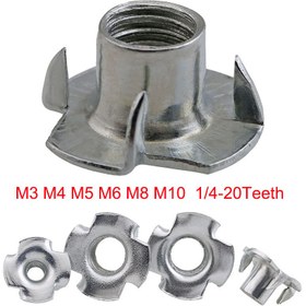 Resim 20 adet/30 adet M3 M4 M5 M6 M8 M10 1/4-20 T Somun, 4 Darbe Noktalı Somunlar, Dişli Somunlar, Tırmanma, Braketler ve Dolap Ahşap Mobilya için Dört Noktalı Somunlar 