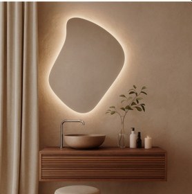Resim 50x64 Cm Asimetrik Led Banyo Aynası Dokunmatik, Dim Edilebilir, 3000k Günışığı Modern Duvar Aynası Sarı 