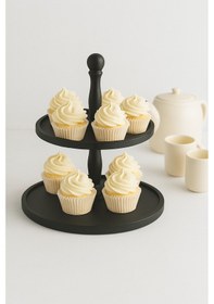 Resim 2 Katlı Siyah Ahşap Kek Pasta Sunumluk Standı, Servis Sunum Tabağı 