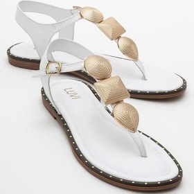 Resim Luvishoes Luvi Shoes Helen Beyaz Hakiki Deri Parmak Arası Gold Tokalı Kadın Sandalet Beyaz 