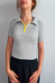 Resim Jeune Femme Kadın Neon Fermuarlı Polo Yaka Bluz 