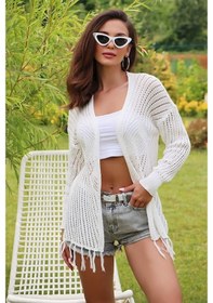 Resim Aqe Fashion Motif Detaylı Eteği Püsküllü Hırka Beyaz Beyaz 