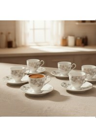 Resim Vio Vintage Yaldızlı Çiçekli Model 6 Kişilik Porselen Krem Kahve Fincan Takımı 100 Ml. Krem 