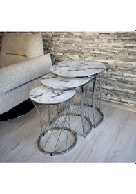 Resim 3 'lü Hasır Zigon Sehpa Cam: Beyaz Mermer Ayak: Nikel 