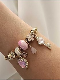 Resim Zirkon Taşlı Charm Bileklik Kalpli Anahtar Pembe Charm Gold GOLD-16 cm 