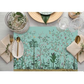 Resim Adawall Turkuaz Çiçek Detaylı Kumaş Amerikan Servis 4'lü Set Çok Renkli 