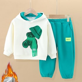 Resim Erkek Çocuklar için Sonbahar ve Kış için Şık İki Parça Takım, Şık Peluş Astarlı Kapüşonlu ve Pantolon ile Sevimli Ayı Tasarımı, Dış Mekan Rahat Giyim için Mükemmel, Dış Mekan için Mükemmel 