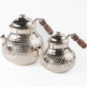 Resim Jumbo Boy Gaziantep Bakır Çaydanlık Takımı El Yıldız İşleme Battal Büyük Boy Üst:1,3 Ml Alt :3,20 Ml Gümüş 