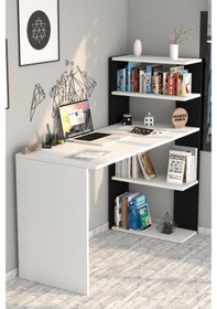 Resim Moonlife Çınar Kitaplıklı Çalışma Masası Beyaz Siyah Beyaz 