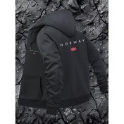Resim Erkekler için Norveç Bayrağı Baskılı Kapüşonlu Rahat Ceket - Lacivert Fermuarlı Kaban, Kabartmalı Manşetli, Makinede Yıkanabilir Polyester, Düzenli Kesim ve Ön Cepli, Fermuarlı Ceket, Günlük Tarz Ceket 