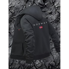 Resim Erkekler için Norveç Bayrağı Baskılı Kapüşonlu Rahat Ceket - Lacivert Fermuarlı Kaban, Kabartmalı Manşetli, Makinede Yıkanabilir Polyester, Düzenli Kesim ve Ön Cepli, Fermuarlı Ceket, Günlük Tarz Ceket 