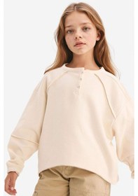 Resim Defacto Kız Çocuk Oversize Geniş Kalıp Bisiklet Yaka Düğmeli Sweatshirt G1712a825auer140 Ekru-er140 