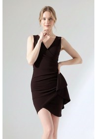 Resim Defymoda Kadın Volanlı Mini Modern Tasarım Elbise Kahverengi 