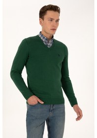 Resim U.S. Polo Assn. Erkek Slim Fit V Yaka Koyu Yeşil Basic Triko Kazak 50313662-VR079 