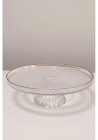 Resim Ayaklı Cam Pasta Standı Gold Yaldızlı Servis Sunum Tabağı - Kek Standı - Sunumluk 