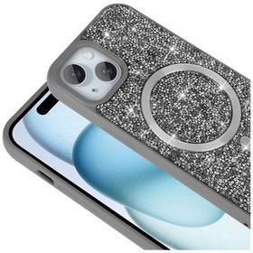 Resim Apple Uyumlu iPhone Adige İphone 15 Plus Uyumlu Kılıf Parlak Taşlı Pırlanta Mozaik Gri + Ekran Koruyucu - 