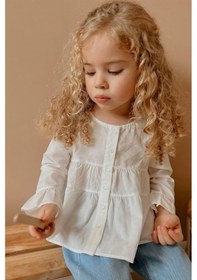 Resim Oliventhekid Beyaz Vual Önden Düğmeli Robadan Büzgülü Kol Ucu Fırfırlı Kız Çocuk Gömlek Beyaz Beyaz 