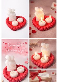 Resim Sevgili Çift Biblo & Gül Mumlu Kalp Tepsi Vanilya Kokulu Romantik Dekor Seti Çok Renkli 