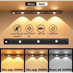 Resim Rultech 40CM Insan Vücudu Sensörlü USB Sarj Taşınabilir Kablosuz Mutfak, Elbise Dolabı, Merdiven, LED Cabinet Gece Lamba Aplik Aydınlatma 