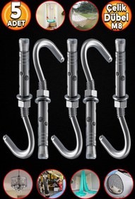 Resim Badem10 Kancalı Çelik Dübel M8 Salıncak Boks Torbası Avize İçin Gömlekli Açık Ağız Kanca 5 ADET 