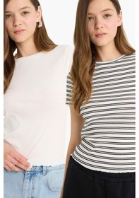 Resim DeFacto Regular Fit Bisiklet Yaka 2'li Fitilli Kaşkorse Kısa Kollu Tişört F5900AX25SMWT34 