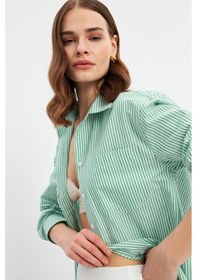 Resim Stella Pulvis Yeşil Oversize Çizgili Tek Cep Gömlek Yeşil 