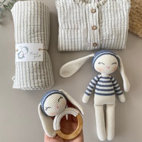 Resim Amigurumi 4 Parça Çizgili Tavşan Deluxe Bebek Seti - 4 Parça Deluxe Bebek Seti 