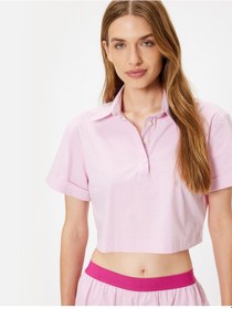 Resim Koton Polo Yaka Crop Pijama Üstü Kısa Kollu Düğmeli Pamuklu Pembe 4slk50076mw Açık Pembe 