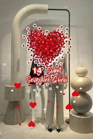 Resim Etrafa Saçılmış Kalp 14 Şubat Sevgililer Günü Cam Vitrin Sticker, Kalp Desenli Dekoratif Çıkartma 