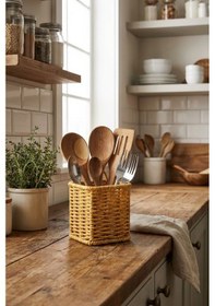 Resim Plentiful Kare Hasır Dokulu Plastik Rattan Kaşıklık & Çatallık Askılı Kendiliğinden Tutmalı Çok Amaç Sarı 