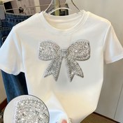 Resim Kadınların Zarif Kelebek Kurdele T-Shirt - Yuvarlak Yaka, Kısa Kollu, Taş Detaylı, Yazlık Rahat Üst, Yazlık Moda|Trendy Kadınların Üstü|Kısa Kollu Şalvar 
