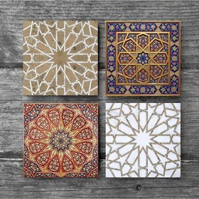 Resim Etnik Desen Taş Bardak Altlığı Seti - 4 Parça - Dekoratif, Rustik Mutfak Aksesuarı, 10x10 cm, Kaydırmaz Tabanlı, Şık ve Dayanıklı SC115 