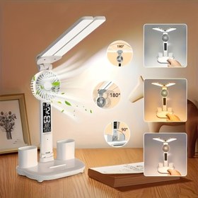 Resim Çift Başlı LED Fan Masa Lambası USB Güçlü Çok Fonksiyonlu Kalem Tutucu Işık | Sanatsal Yaratıcı Gece Lambası Atmosfer Lambası | Yatak Odası Yanı Baş/Living Room Kahve Masası/Çalışma Masası/Dormitory Çalışma Masası/Ofis Masası/Tatil Doğum Günü Noel Sevgililer Günü Mezuniyet Sezon Hediyesi | Ev Ofisi Çoklu Sahne Modern Basit Tasarım Üç Hızlı Karartma Göz Bakımı Yumuşak Işık Fiş ve Çalış | 