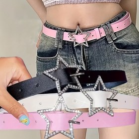 Resim 1 Adet Y2K Taşlı Yıldız Kemer - Metal Tokalı Ayarlanabilir Bel Bandı, Şık ve Cesur Sokak Stili Kemer, Kot Pantolonlar, Günlük Giyim ve Partiler İçin (Pembe/Siyah/Beyaz), Moda Aksesuar, Yıldız Desenli 