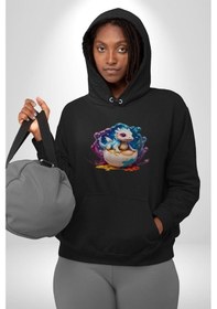 Resim Sevimli Bebek Ejderha Elmas Yumurta Kadın Erkek Siyah Kapüşonlu Sweatshirt Hoodie Siyah 