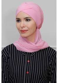 Resim Hürrem Bone Pembe Pratik Hazır Geçmeli Tesettür Bone Sandy Kumaş Çapraz Büzgü Pembe 