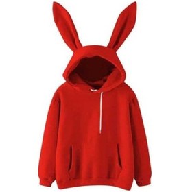 Resim Novahub Kırmızı Kadın Kapüşonlu Sweatshirt - Tavşan Kulak Dekorlu, Uzun Kollu, Rahat Kışlık Üst Kırmızı 