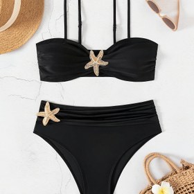 Resim Kadın Bikini İki Parçalı Set, Düz Renkli Üst ve Alt Bikini Takımı 