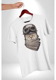 Resim Kasket Bandana Motorcu Kedi Unisex Unisex Beyaz Organik Baskılı T-shirt Penye Yüksek Kalite Beyaz 