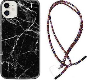 Resim kilifland Iphone 11 Uyumlu ile Uyumlu Kılıf Rasta Ipli Boyun Askılı Desenli Silikon Fragile Black Mermer 1378 