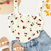 Resim Kadınlar için Kiraz Baskılı Crop Top - Kolsuz Kare Yaka Asimetrik Etekli Yazlık Üst, Orta Esneklikte Nefes Alabilen Kumaş İlkbahar Sonbahar Modası, Oyunbaz Tasarım, Rahat Kesim 