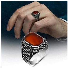 Resim Alyans Evim Kare Akik Taşlı Lale Motifli 925 Gümüş Erkek Yüzük 