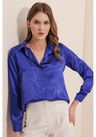 Resim Bigdart 3964 Hafif Dökümlü Saten Gömlek - Saks 001 