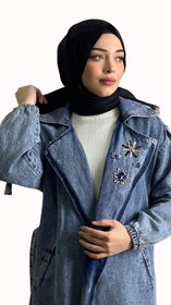 Resim Yakası Özel Tasarımlı Kot Kap Mavi - standart 