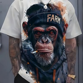 Resim Erkekler için Vintage 3D Sigara Çimpanze Baskılı T-Shirt, Crew Neck Kısa Kollu Tişört, Polyester %100 Örgü Kumaş, Hafif Esneklik, Düzenli Kesim, Yazlık Rahat Üst, 140gsm - Dijital Doğrudan Enjeksiyon 