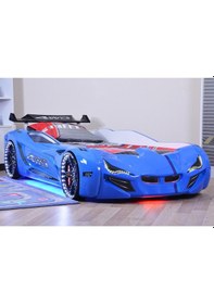 Resim Arabalı Yatak, Mercedes Rüzgarlıklı Full Ledli Arabalı Yatak - Mavi + 1 Adet Comfort Yatak 